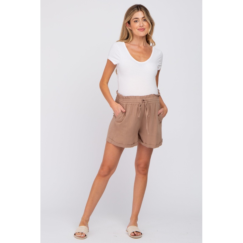 Mocha Linen Smocked Waist Maternity Shorts