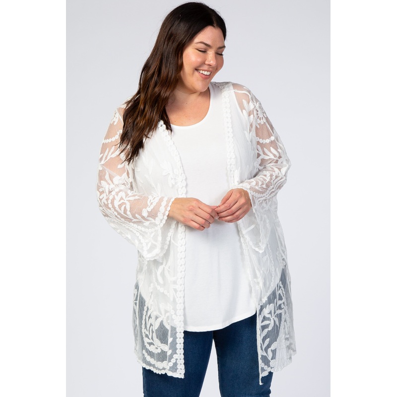 White Lace Mesh Long Sleeve Plus Cover Up