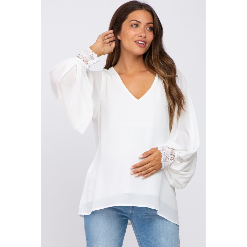 White Long Sleeve Crochet Lace Maternity Blouse