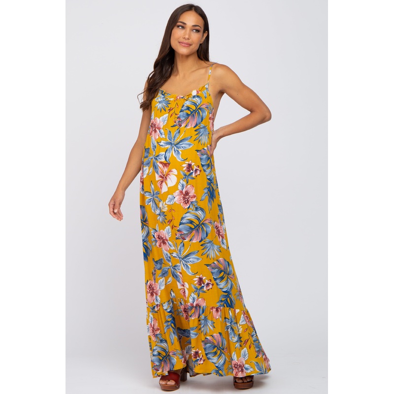 Yellow Tropical Floral Maternity Maxi Dress
