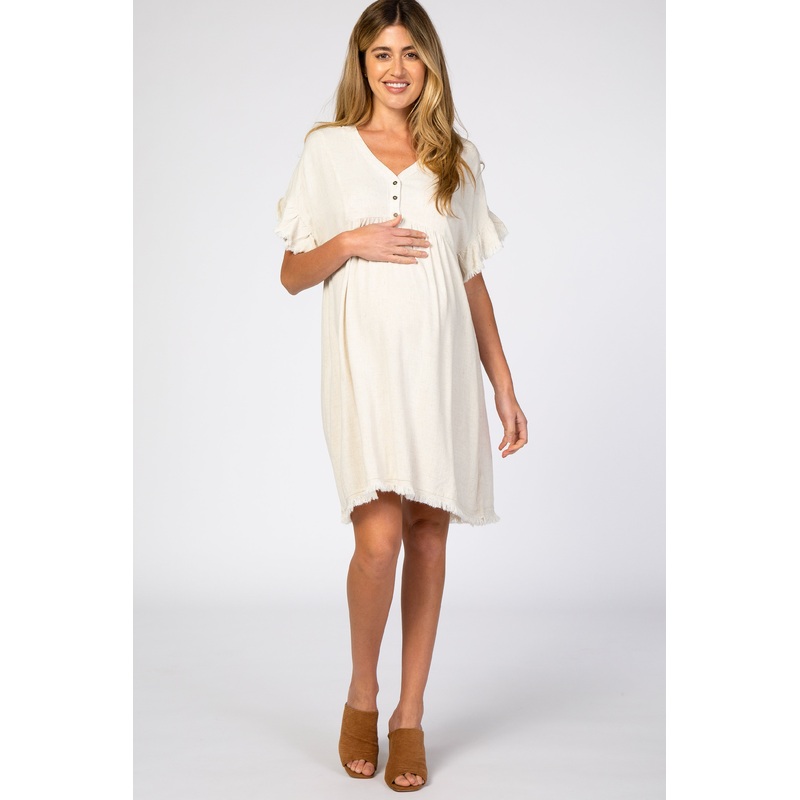 Beige Linen Fringe Trim Babydoll Maternity Dress