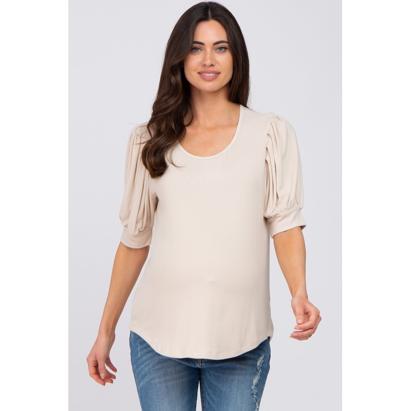 Beige Ribbed Puff Short Sleeve Maternity Top