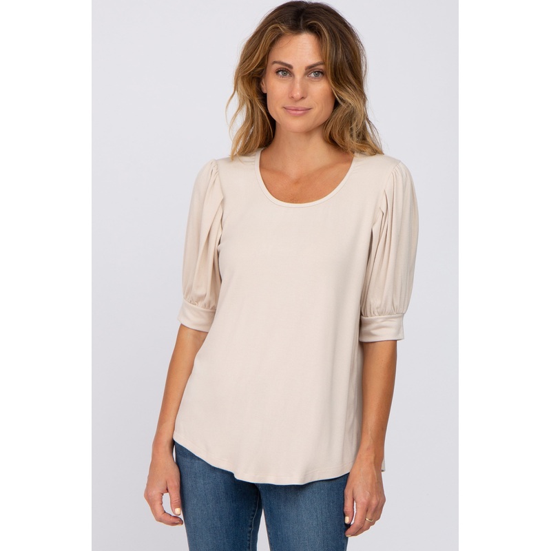 Beige Ribbed Puff Short Sleeve Top