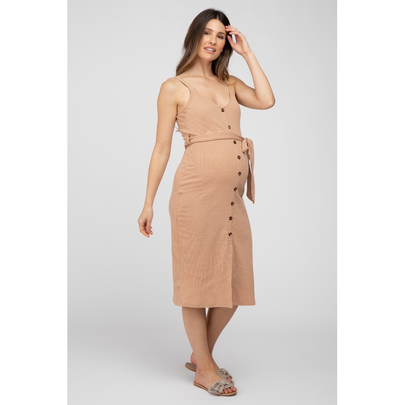 Beige Ribbed Sash Tie Maternity Midi Dress