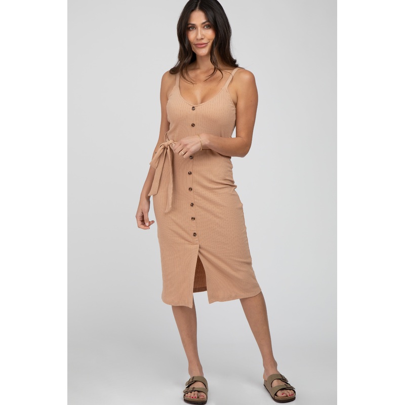 Beige Ribbed Sash Tie Midi Dress