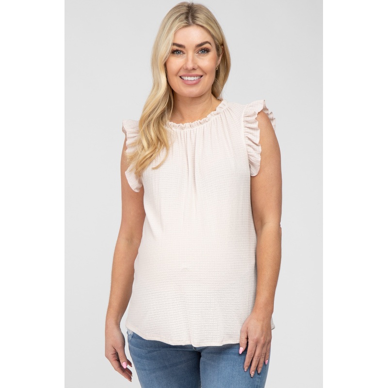 Beige Ruffle Accent High Neck Maternity Top
