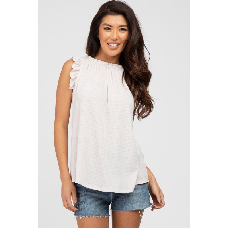 Beige Ruffle Accent High Neck Top