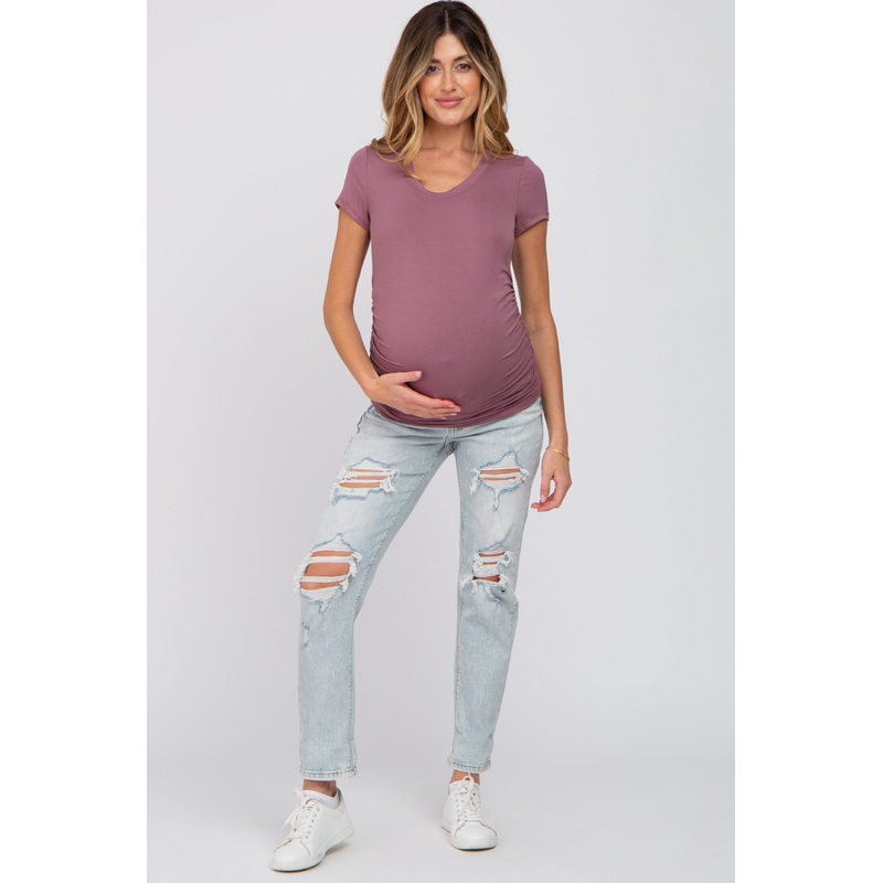 Light Blue Distressed Open Knee Cuffed Maternity Jeans