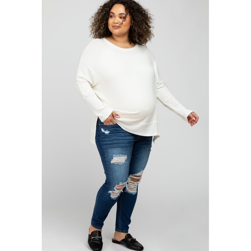 Navy Blue Distressed Cropped Maternity Plus Jeans