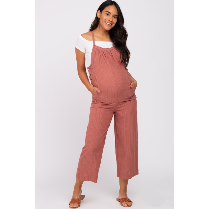 Rust Striped Wide Leg Cropped Maternity Overalls