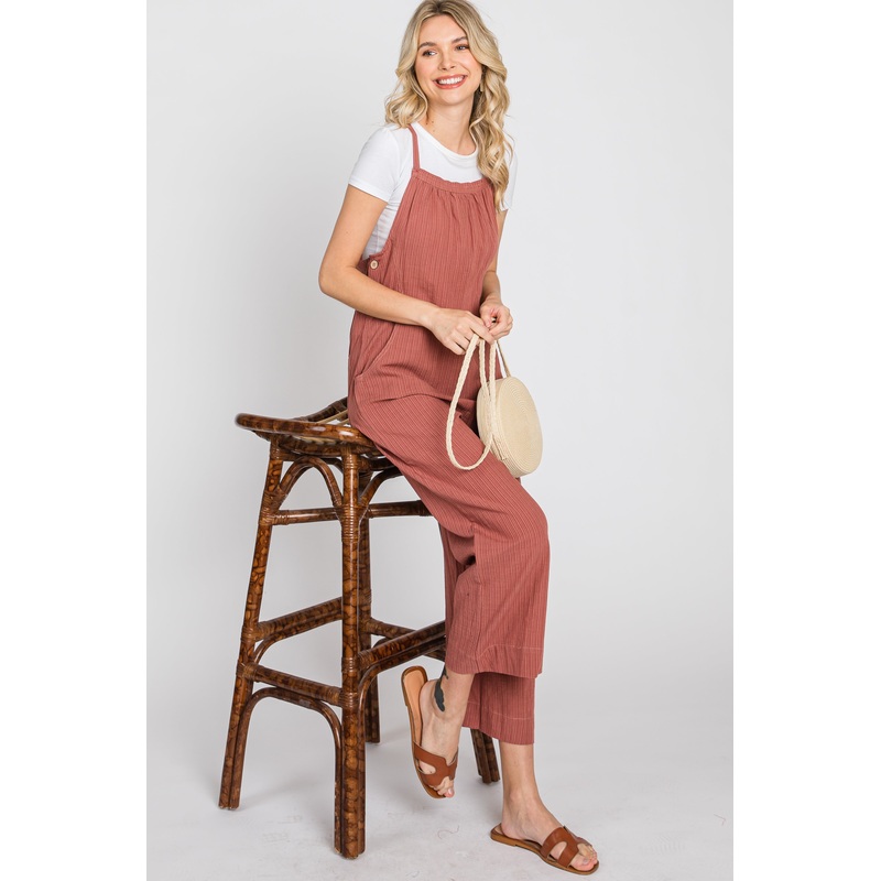 Rust Striped Wide Leg Cropped Overalls