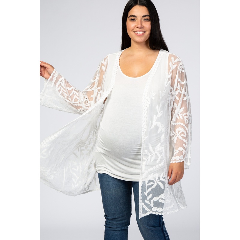 White Lace Mesh Long Sleeve Maternity Plus Cover Up