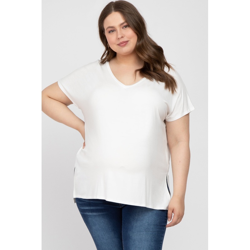 White V-Neck Oversized Maternity Plus Short Sleeve Top