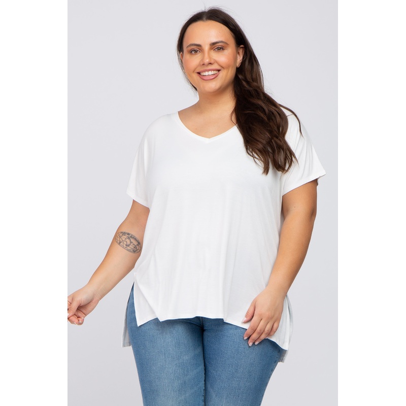 White V-Neck Oversized Plus Short Sleeve Top