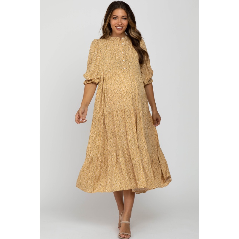 Yellow Floral Button Front Tiered Maternity Midi Dress