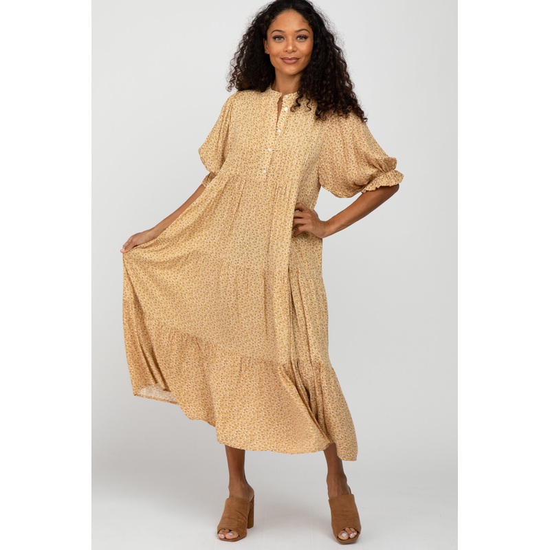 Yellow Floral Button Front Tiered Midi Dress