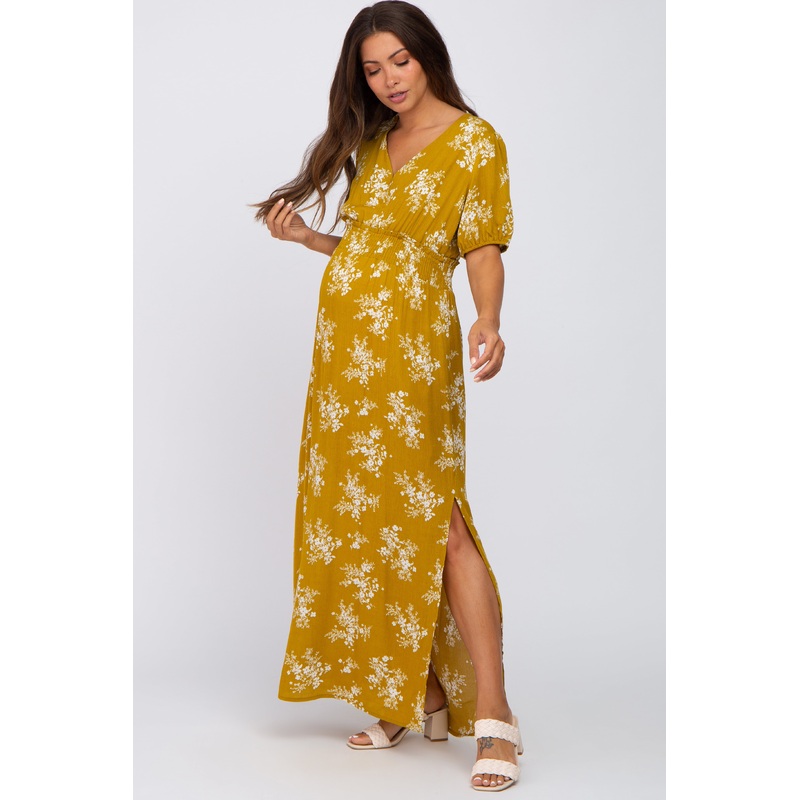 Yellow Floral V-Neck Smocked Maternity Maxi Dress