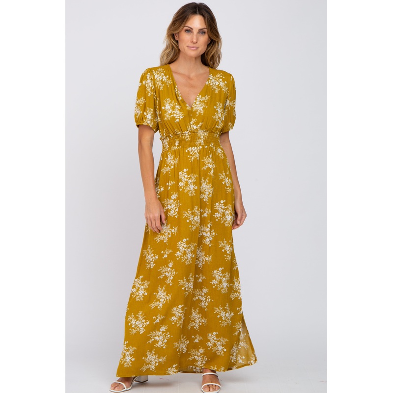 Yellow Floral V-Neck Smocked Maxi Dress