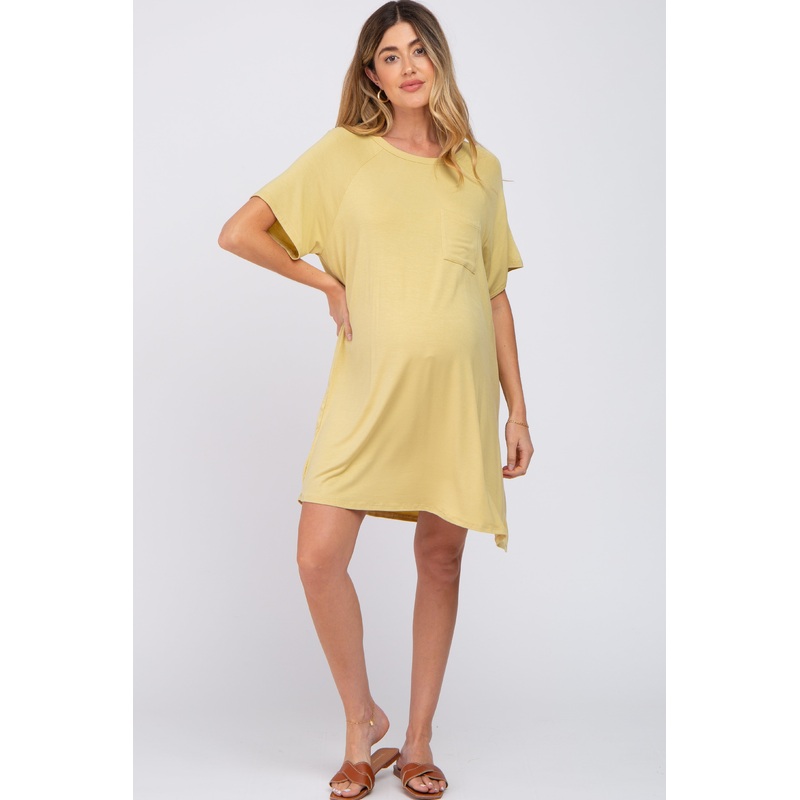 Yellow Front Pocket Raglan Maternity Dress
