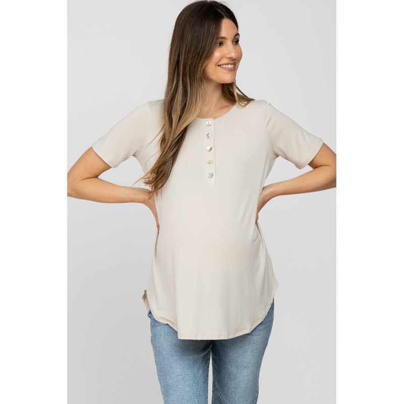 Beige Button Down Short Sleeve Maternity Top