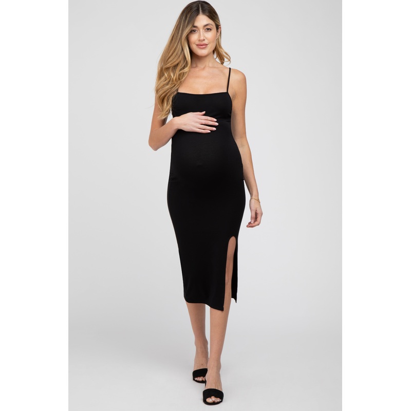Black Cutout Side Slit Maternity Midi Dress