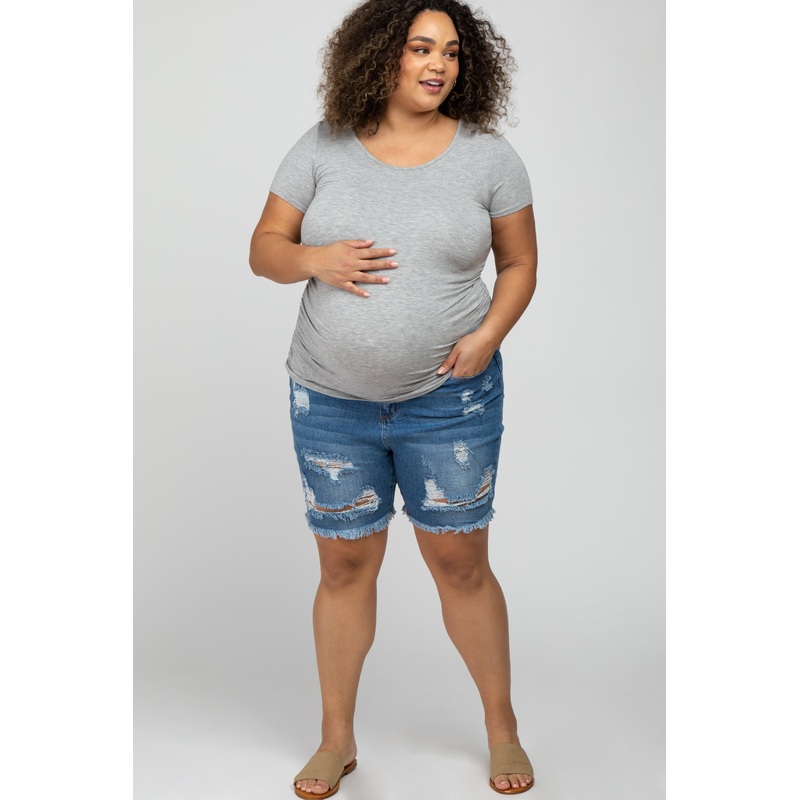 Blue Distressed Fringe Hem Maternity Plus Shorts