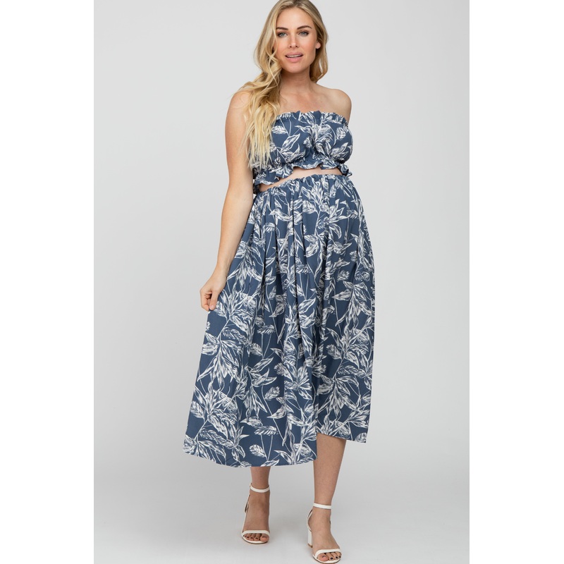 Blue Floral Print A-Line Maternity Skirt Set
