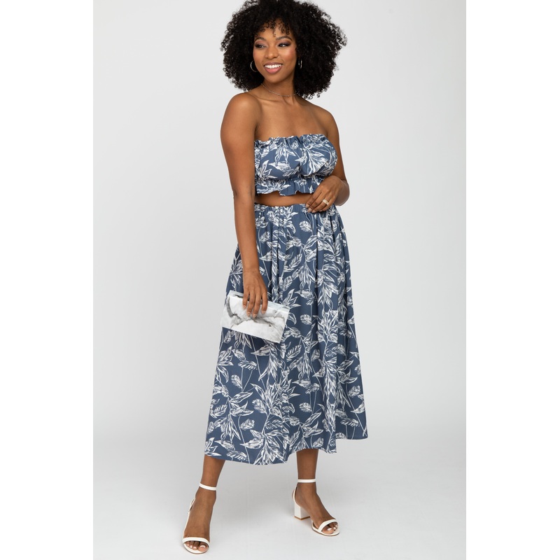 Blue Floral Print A-Line Skirt Set