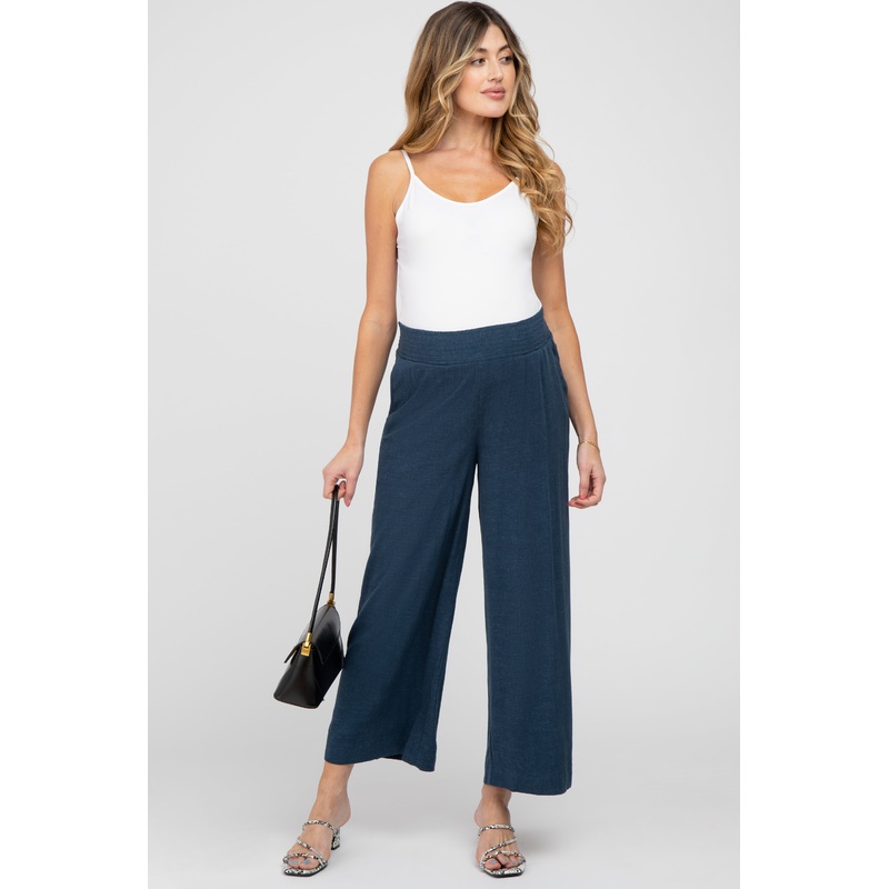 Navy Blue Linen Wide Leg Maternity Pants
