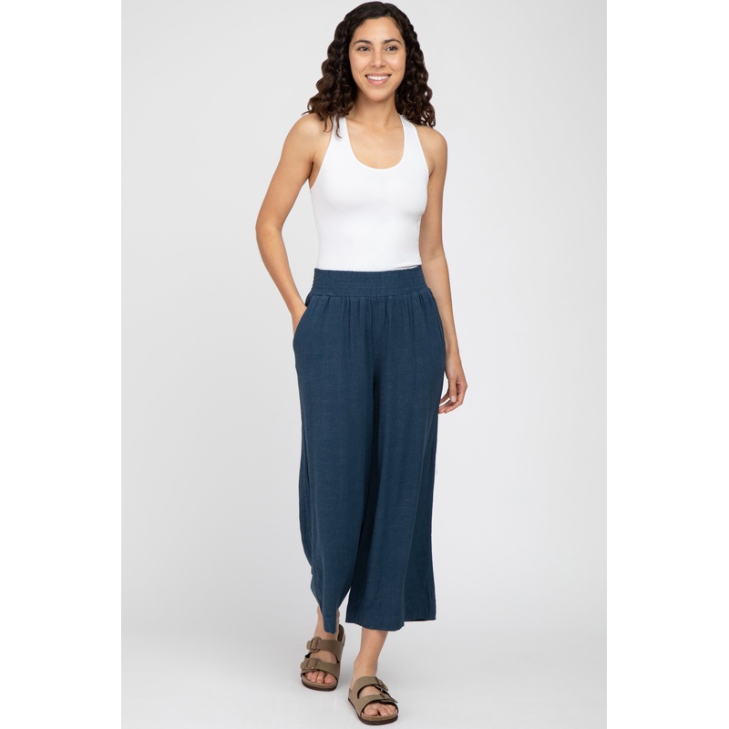 Navy Blue Linen Wide Leg Pants