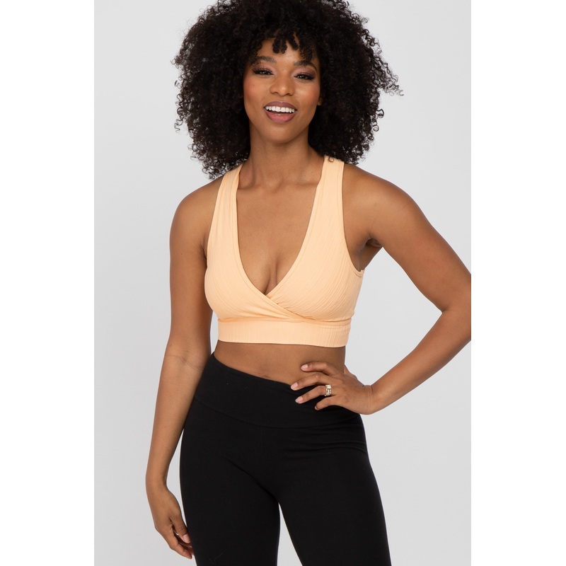 Peach Ribbed Crossover Sports Bra