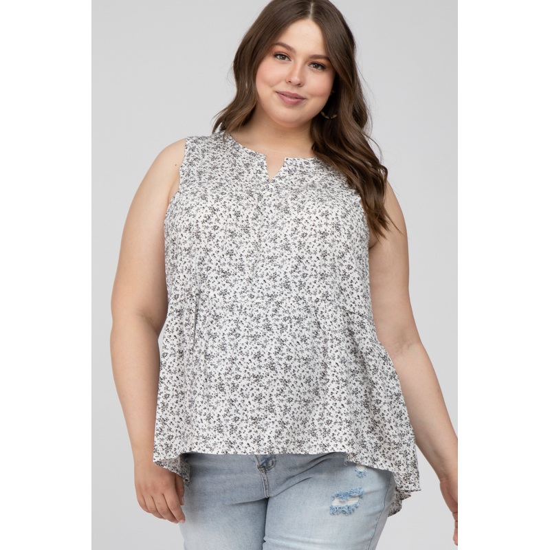 White Floral Split V-Neck Ruffle Hem Hi-Low Maternity Plus Top