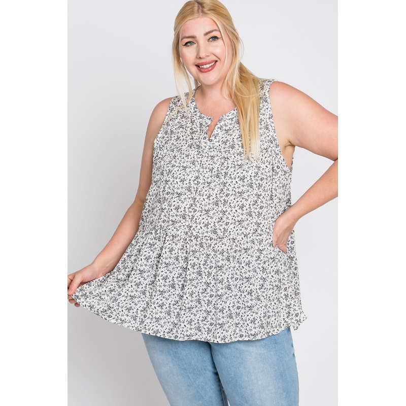 White Floral Split V-Neck Ruffle Hem Hi-Low Plus Top