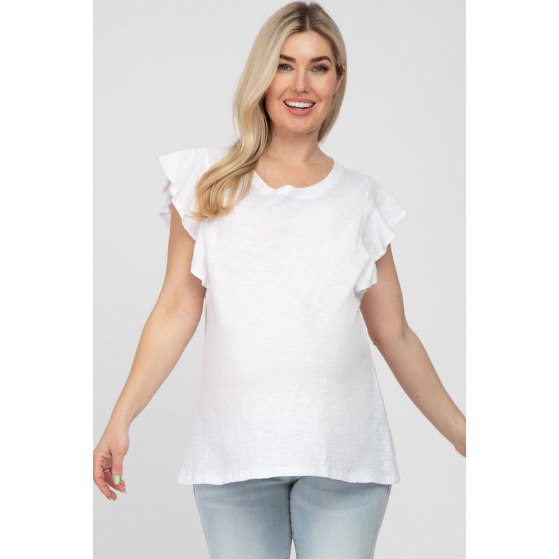 White Ruffle Sleeve Maternity Top