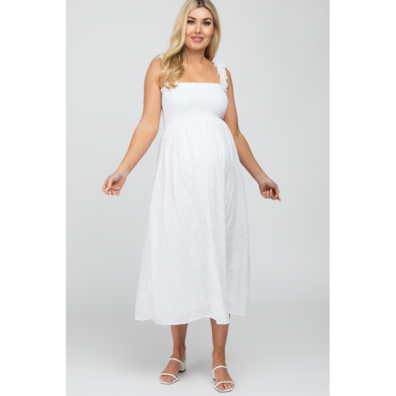 White Square Neck Eyelet Maternity Midi Dress