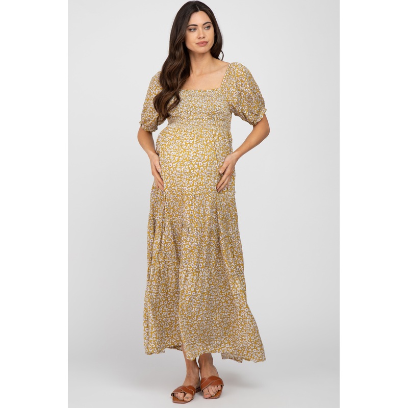 Yellow Floral Square Neckline Maternity Maxi Dress