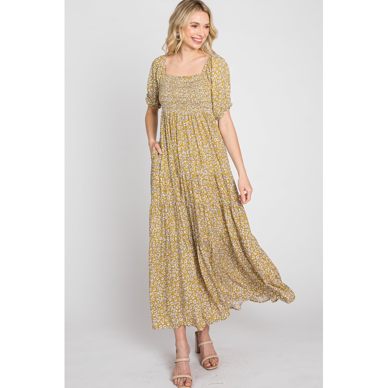 Yellow Floral Square Neckline Maxi Dress
