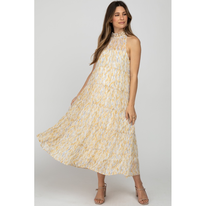 Yellow Printed Sleeveless Tiered Maternity Midi Dress