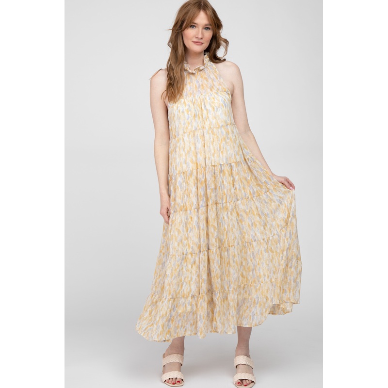 Yellow Printed Sleeveless Tiered Midi Dress