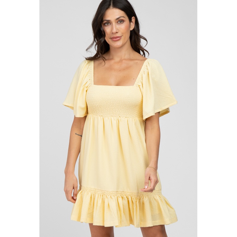 Yellow Smocked Tie Back Ruffle Dress