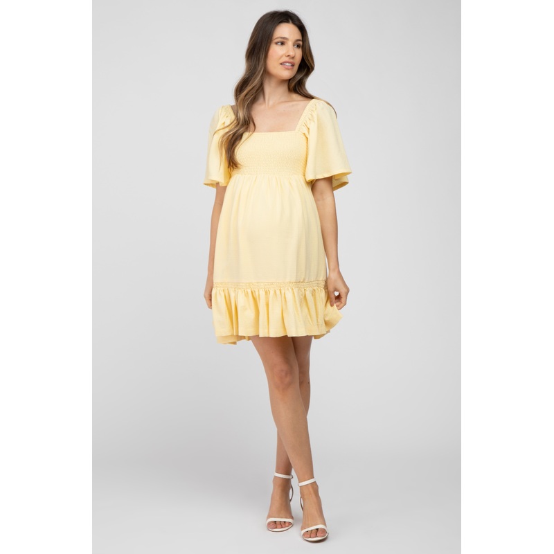 Yellow Smocked Tie Back Ruffle Maternity Dress