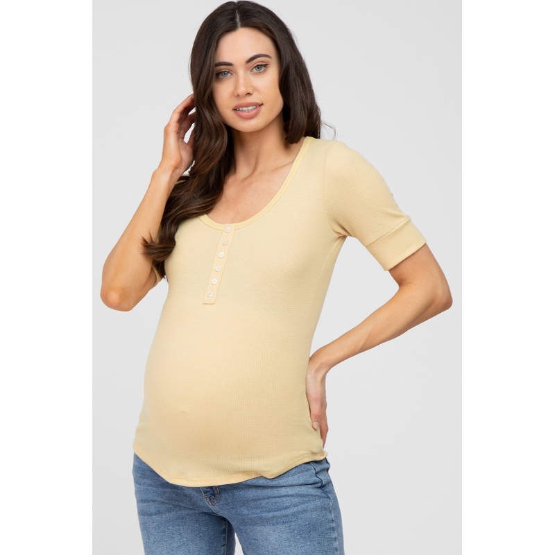 Yellow Waffle Knit Maternity Short Sleeve Top
