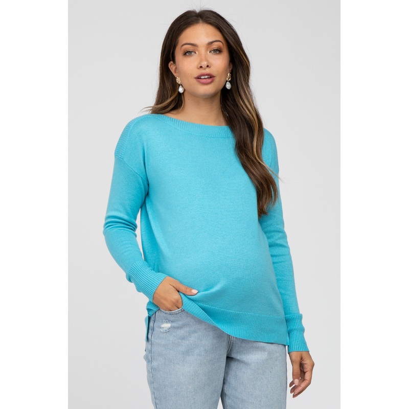 Aqua Ribbed Trim Side Slit Maternity Top