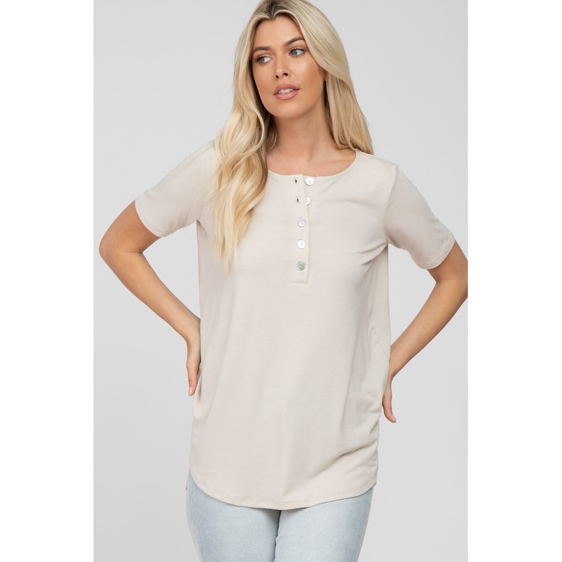 Beige Button Down Short Sleeve Top