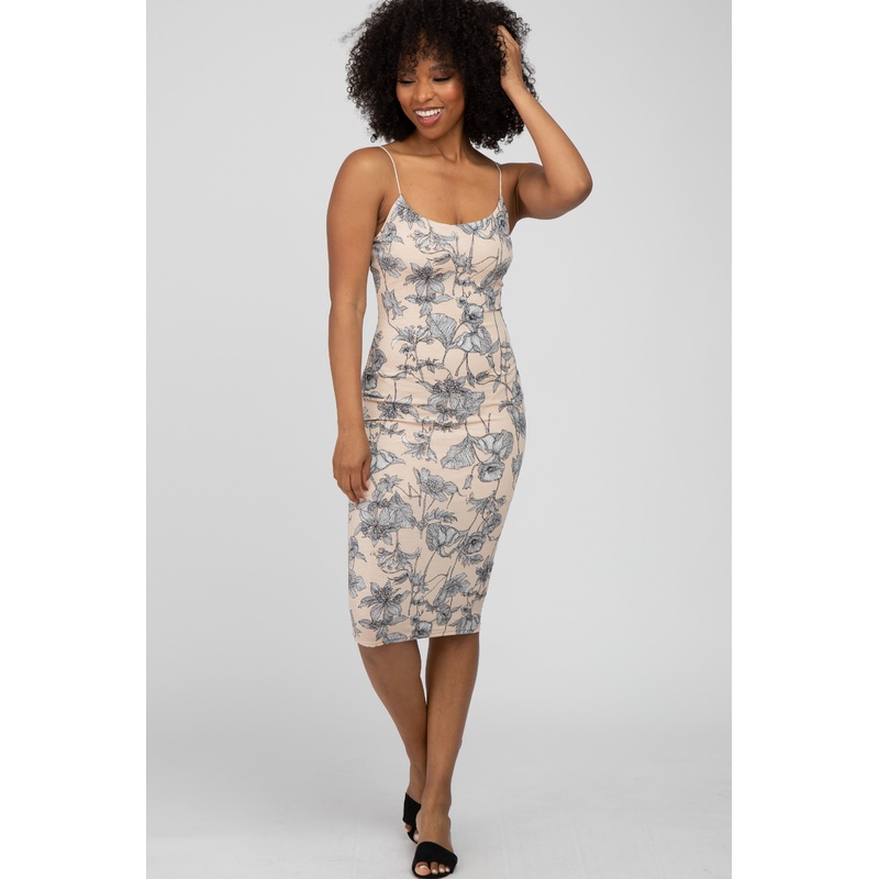 Beige Floral Fitted Thin Strap Midi Dress