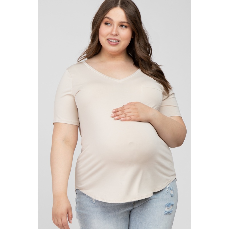 Beige V-Neck Front Pocket Short Sleeve Maternity Plus Top