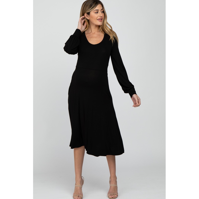 Black Bubble Sleeve Maternity Midi Dress