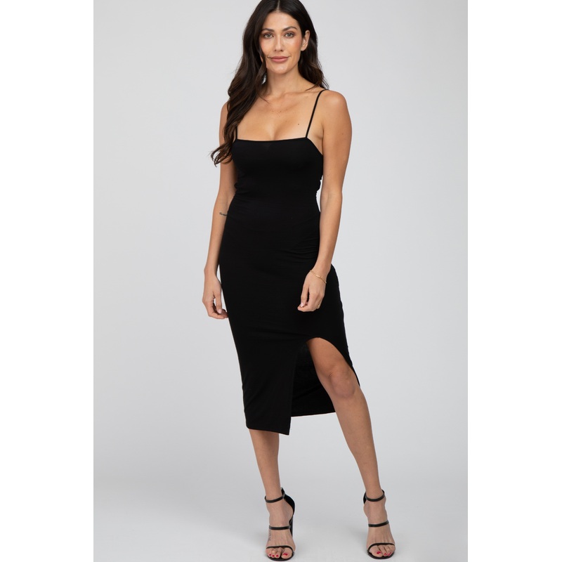 Black Cutout Side Slit Midi Dress