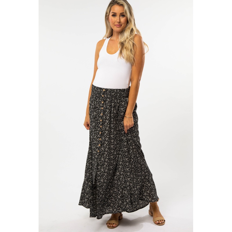 Black Floral Button Accent Maternity Maxi Skirt