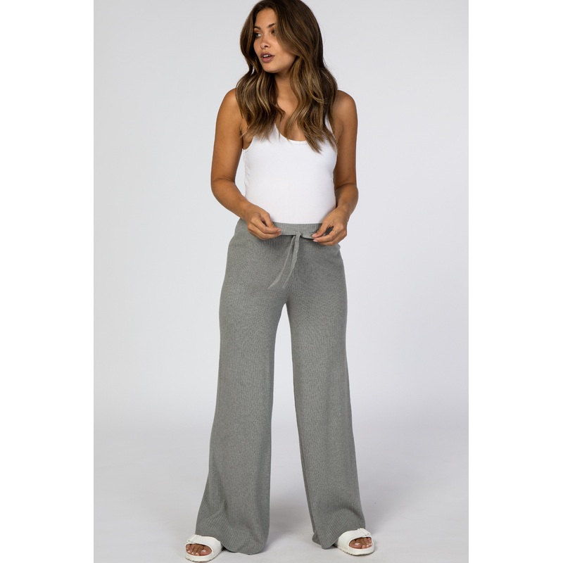 Heather Grey Ribbed Knit Wide Leg Maternity Pants